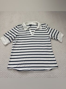 Talbots White & Navy Striped Polo Top with V-Collar 100% Pima Cotton